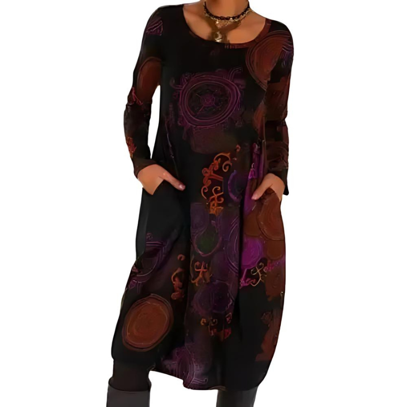 Winterkleid mit Rundhals, Muster und Taschen für Damen in Rot - Ansicht 3