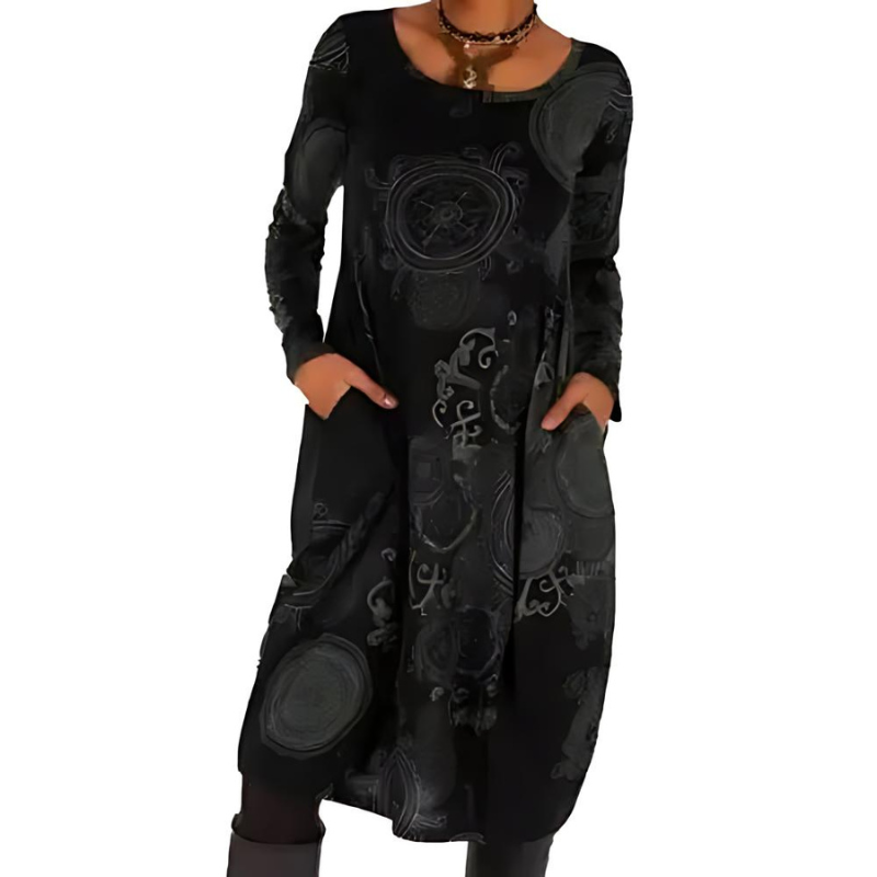 Winterkleid mit Rundhals, Muster und Taschen für Damen in Schwarz - Ansicht 4