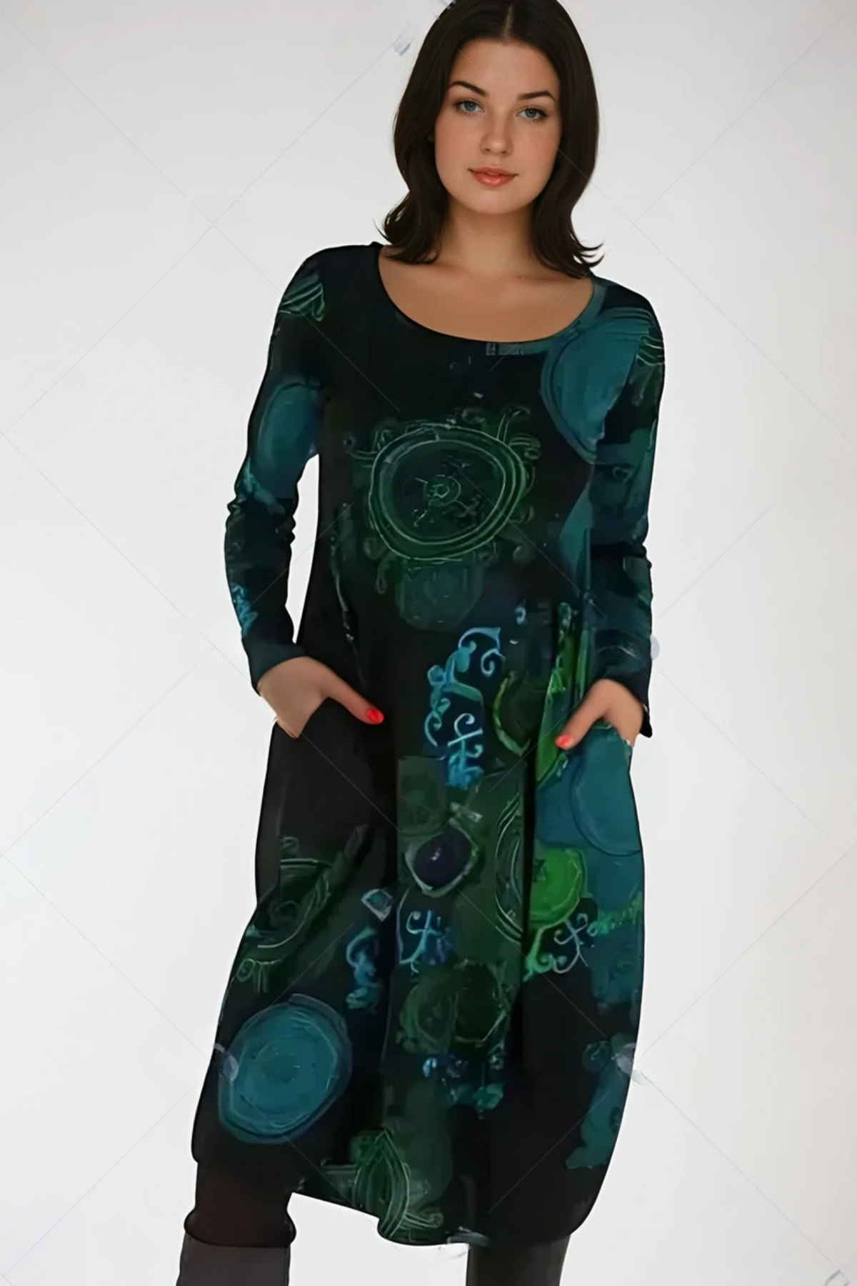 Winterkleid mit Rundhals, Muster und Taschen für Damen - Ansicht 5