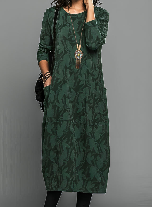 Winterkleid mit Blumenmuster, Rundhals und Taschen für Damen in Grün