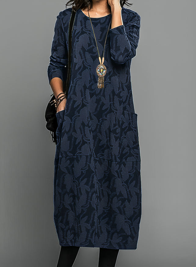 Winterkleid mit Blumenmuster, Rundhals und Taschen für Damen in Blau - Ansicht 3