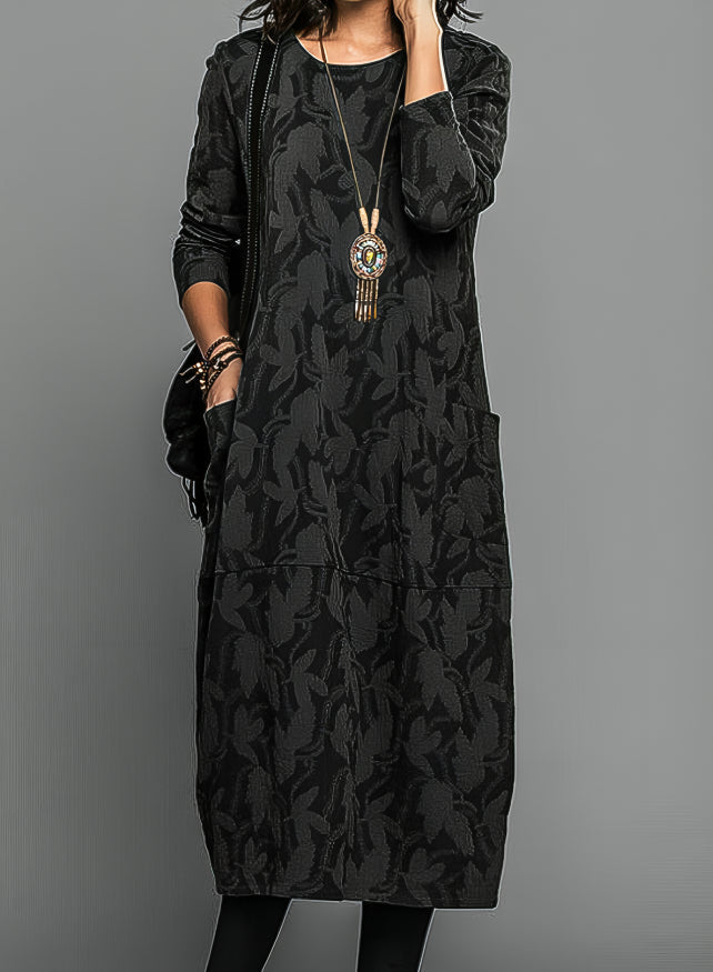 Winterkleid mit Blumenmuster, Rundhals und Taschen für Damen in Schwarz - Ansicht 4