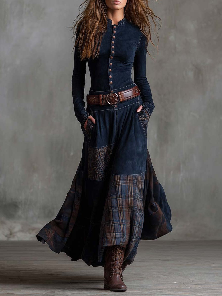 Winterkleid mit Karomuster und Gürtel für Damen