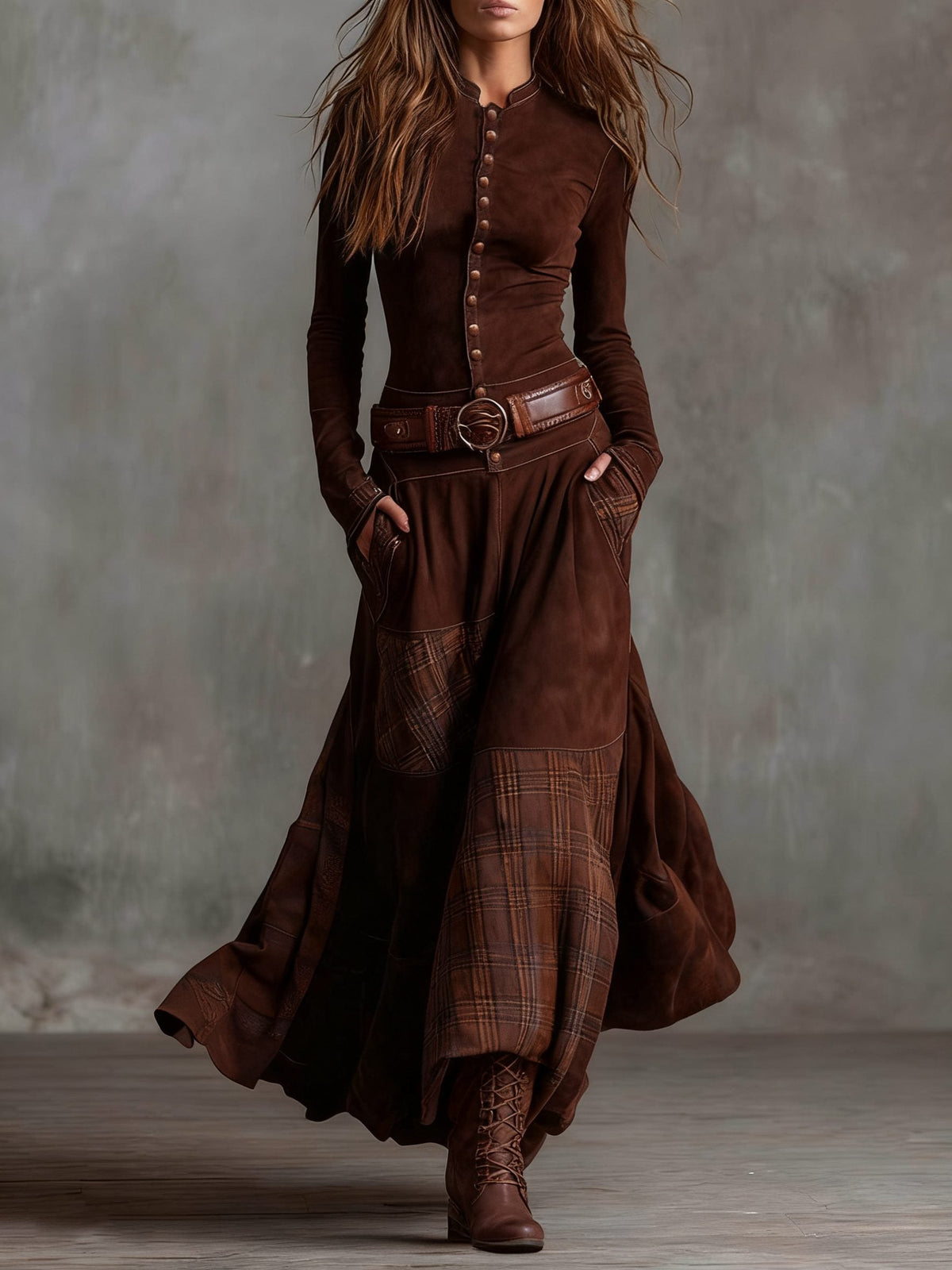 Winterkleid mit Karomuster und Gürtel für Damen