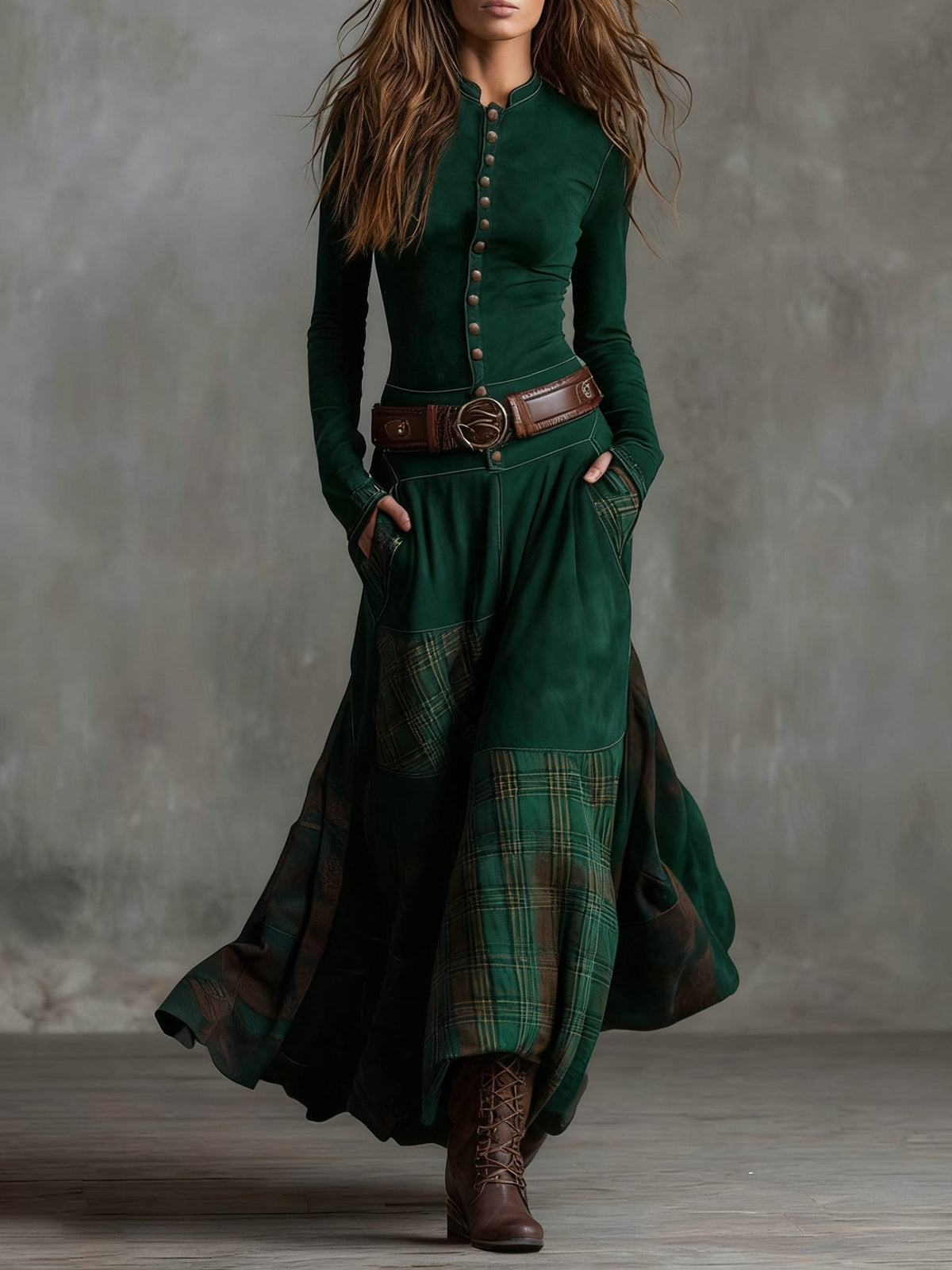 Winterkleid mit Karomuster und Gürtel für Damen