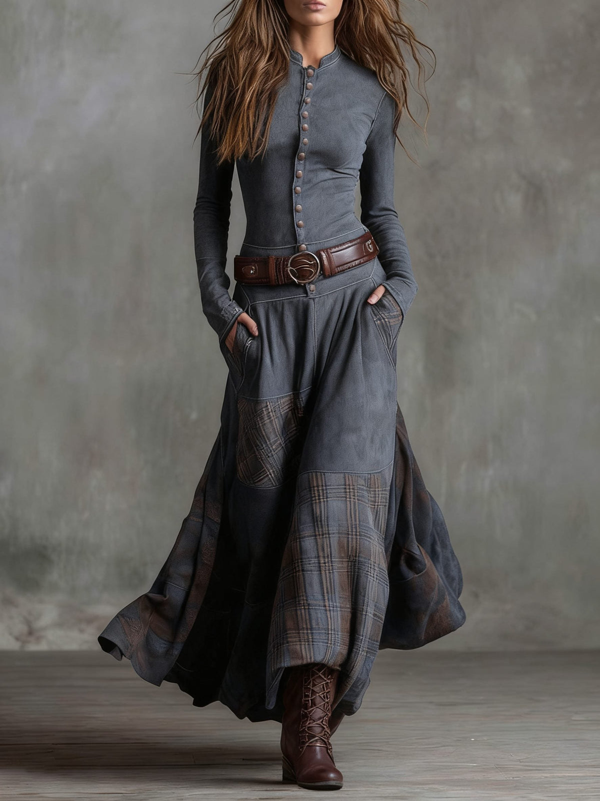Winterkleid mit Karomuster und Gürtel für Damen