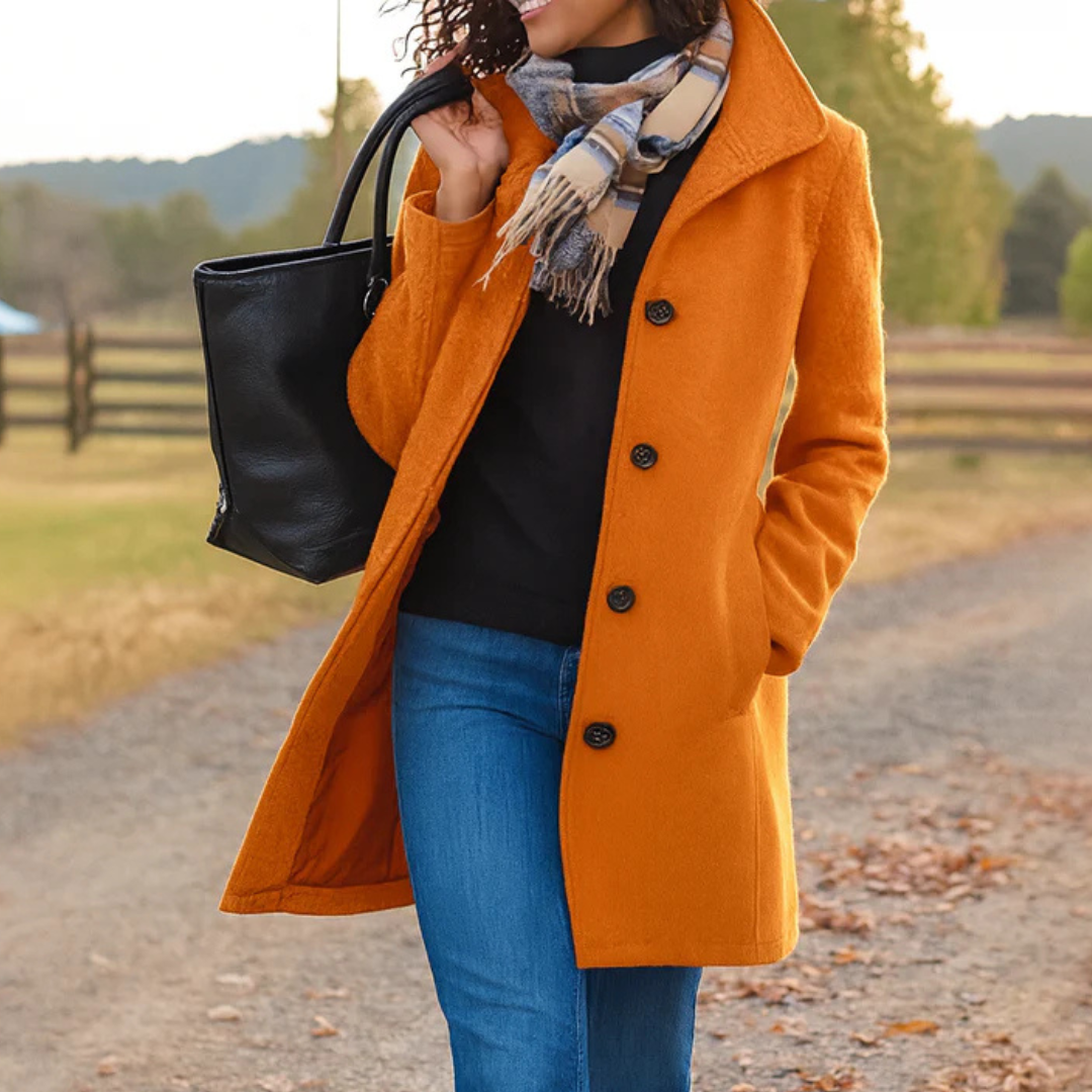 Wintermantel mit langem Schnitt und Knopfleiste für Damen in Orange - Ansicht 7