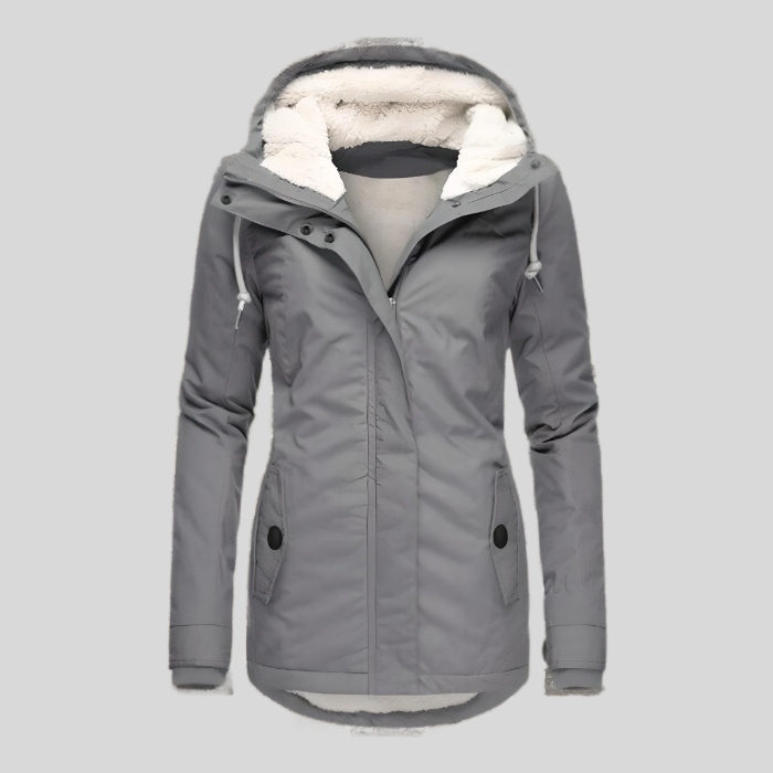 Wintermantel mit Kapuze und heller Innenlage für Damen in Grau