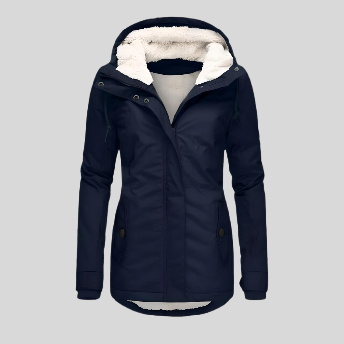 Wintermantel mit Kapuze und heller Innenlage für Damen in Marineblau - Ansicht 3