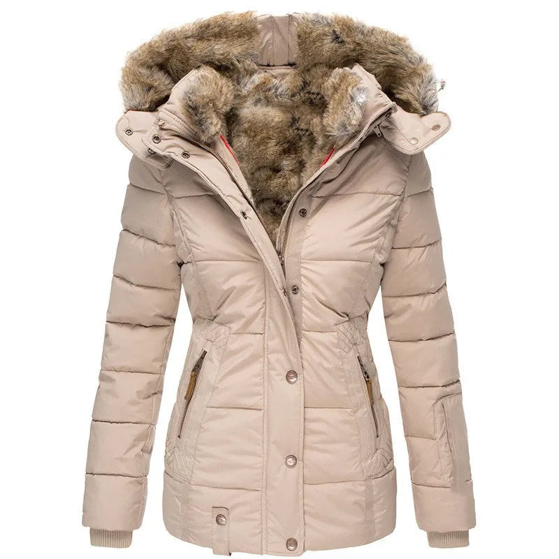 Gesteppter Wintermantel mit Kapuze und Zipper-Taschen für Damen in Beige - Ansicht 4