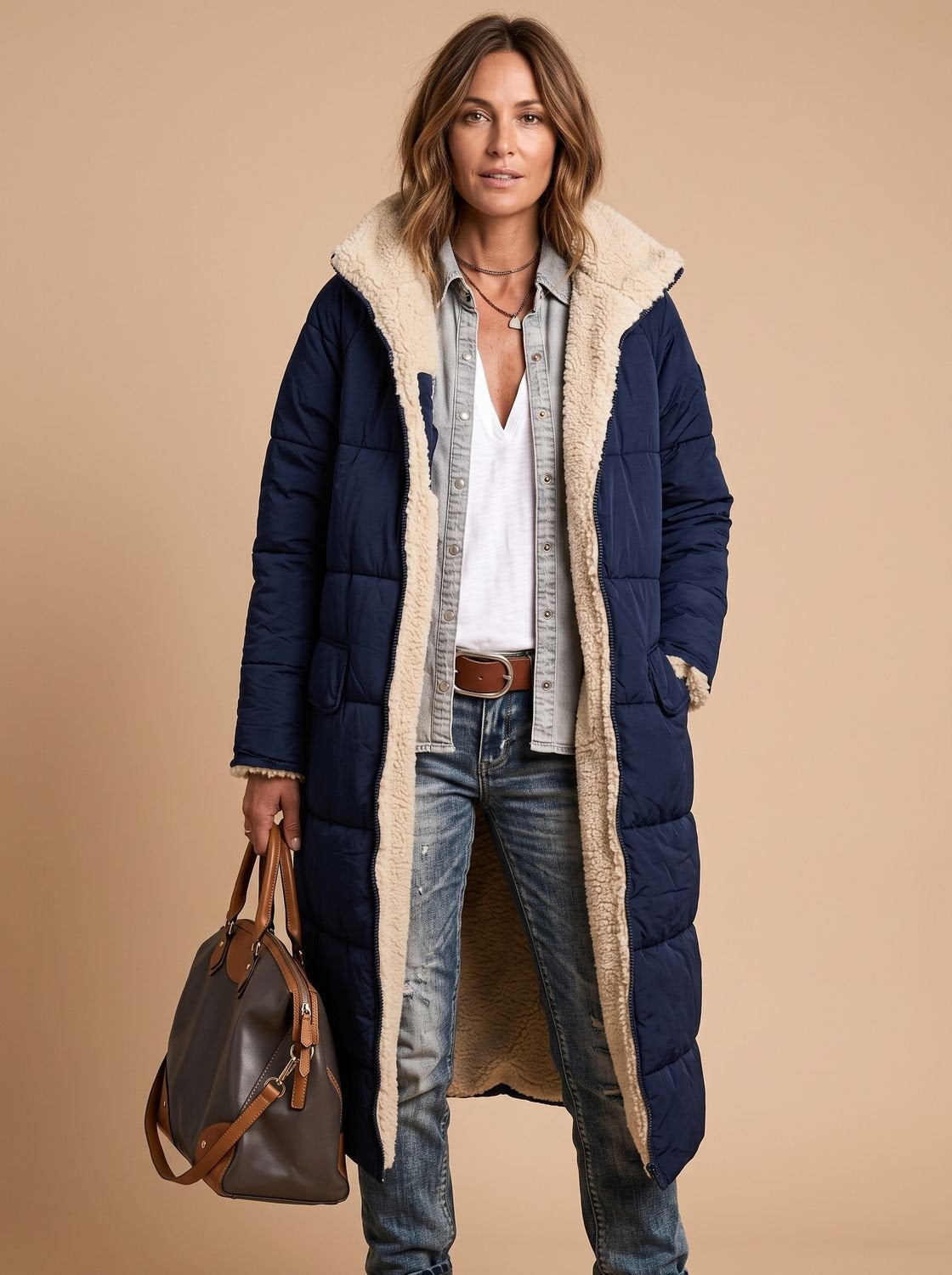 Wintermantel Damen gesteppt, lang mit Teddyfutter und Kapuze