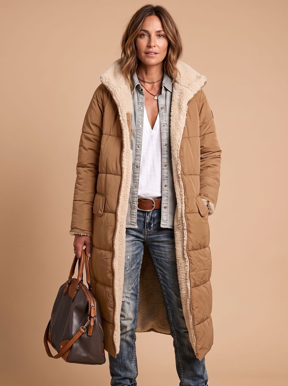 Wintermantel Damen gesteppt, lang mit Teddyfutter und Kapuze