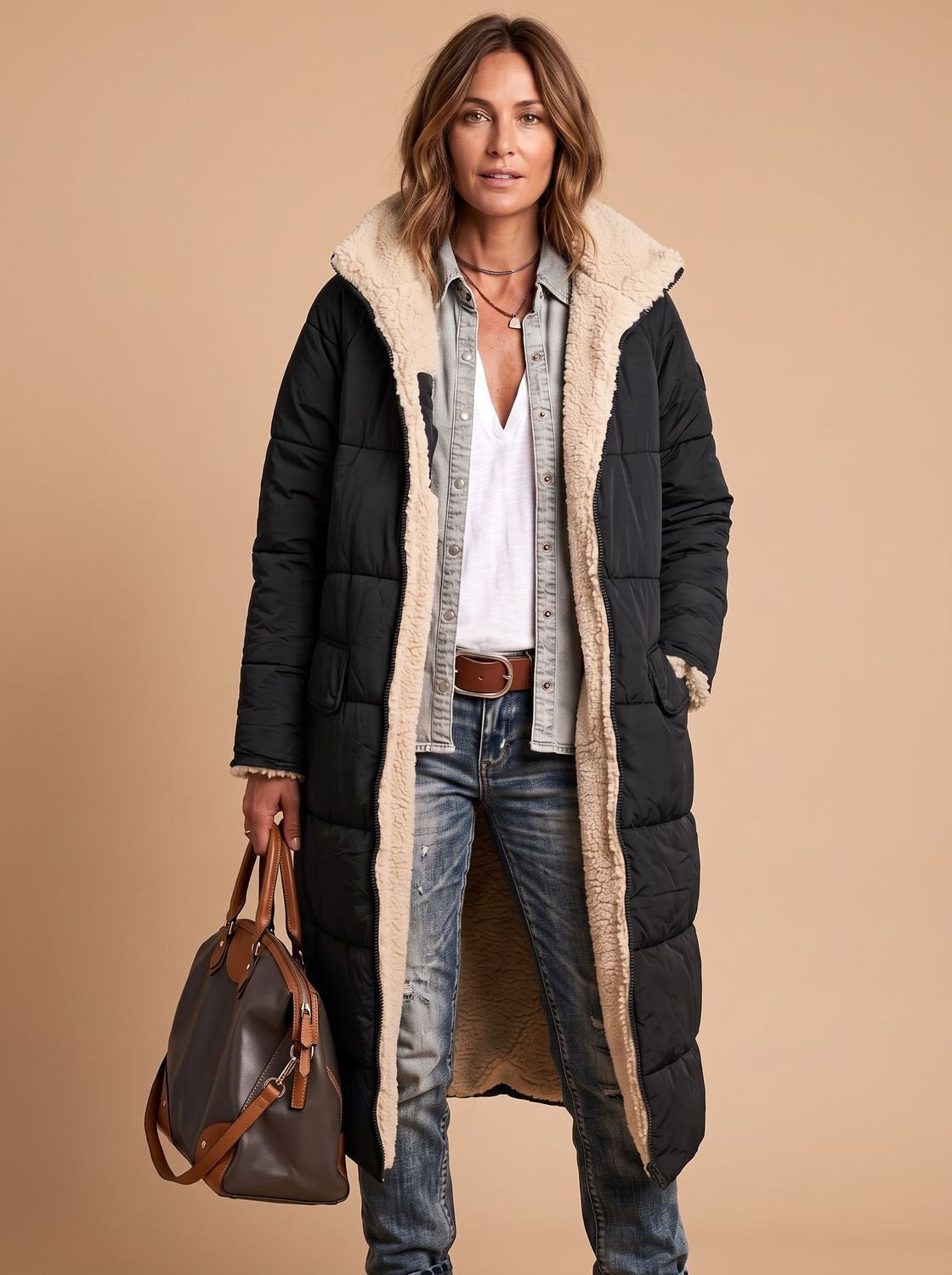 Wintermantel Damen gesteppt, lang mit Teddyfutter und Kapuze
