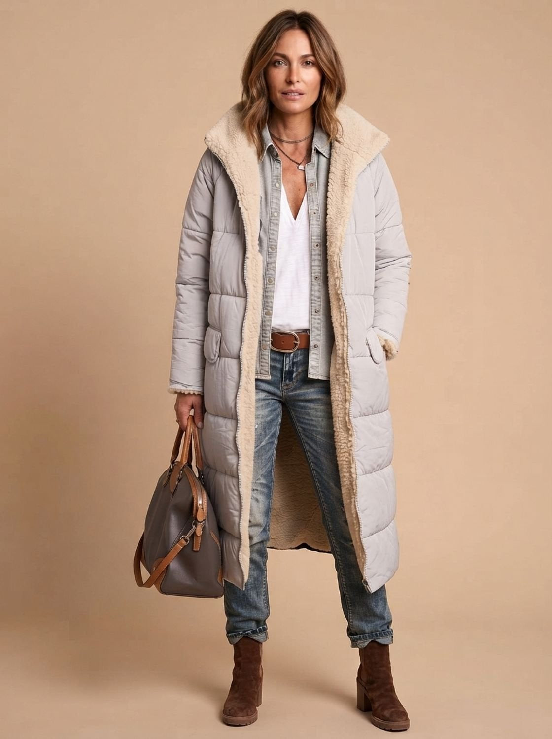 Wintermantel Damen gesteppt, lang mit Teddyfutter und Kapuze