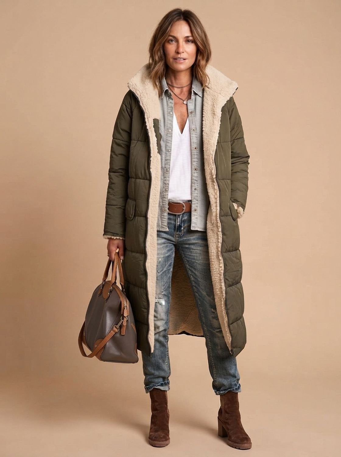 Wintermantel Damen gesteppt, lang mit Teddyfutter und Kapuze