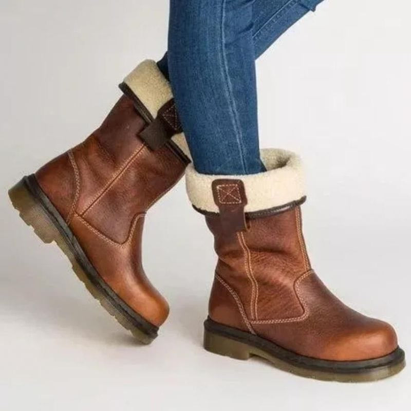 Winterschuh Damen Winterstiefel gefüttert mit Fellrand in Lederoptik