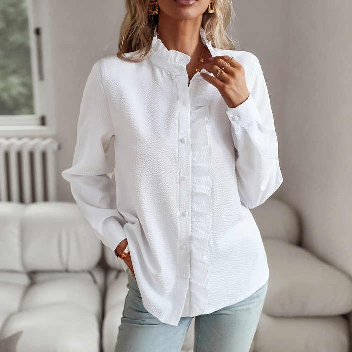 Bayer Modehaus - Damen Bluse mit Rüschenkragen und Knopfleiste, langarm in Weiß