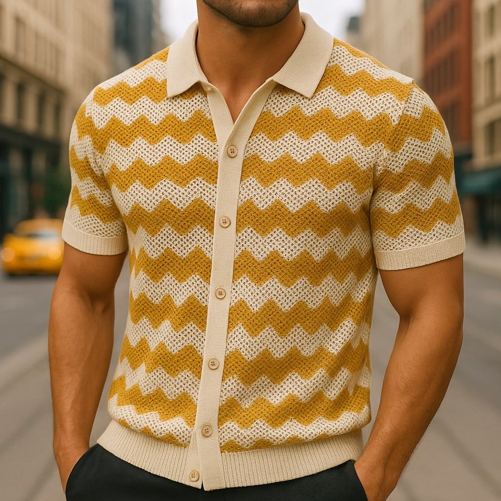 Poloshirt Herren Strickpullover mit Zickzackmuster und Knopfleiste
