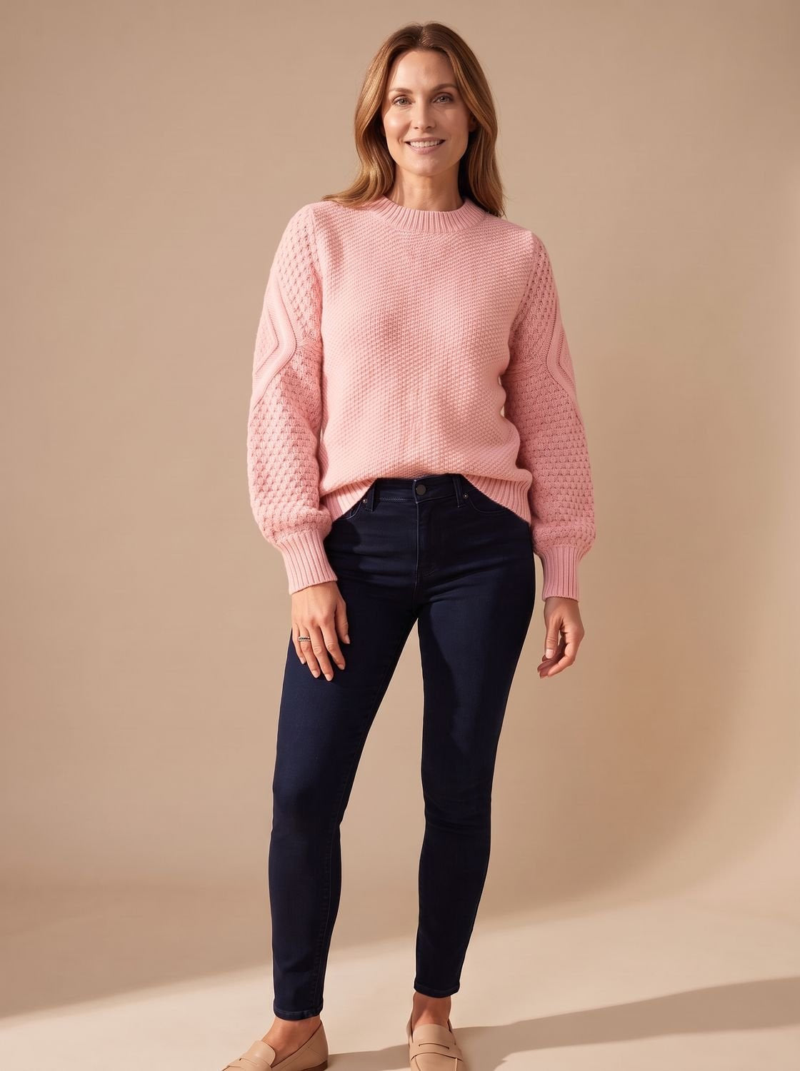 Zopfmuster-Pullover Damen locker geschnitten mit Laternärmeln