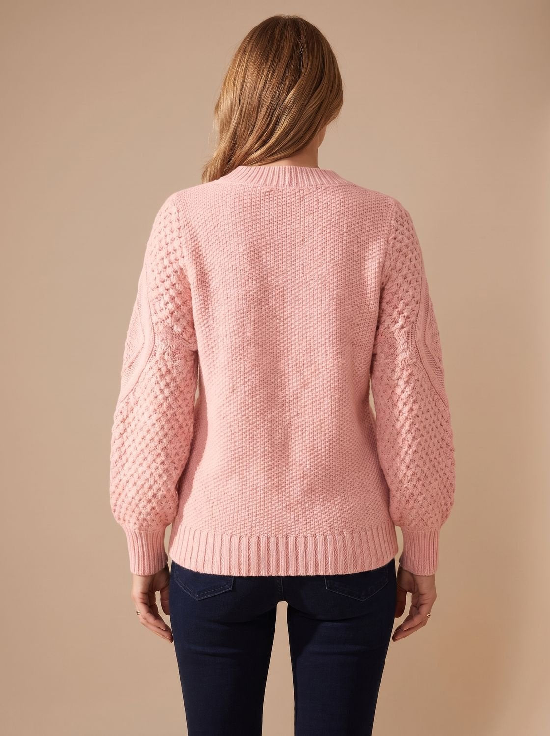Zopfmuster-Pullover Damen locker geschnitten mit Laternärmeln