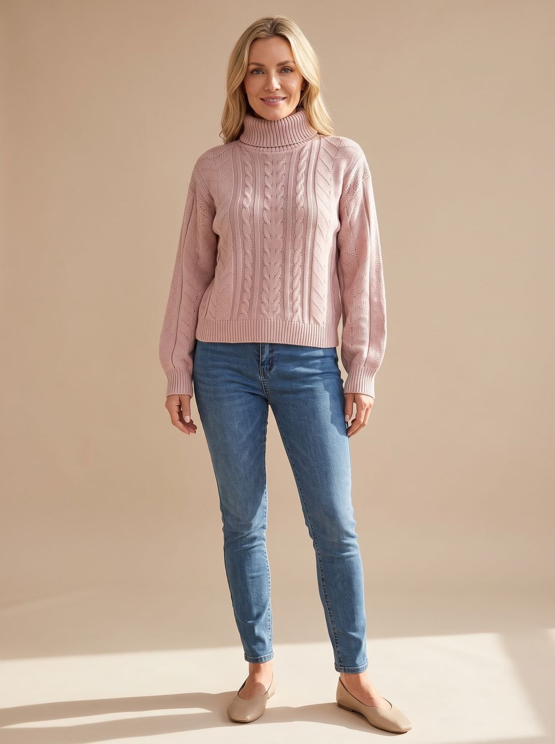 Zopfmuster-Pullover Damen mit Rollkragen und Ballonärmeln