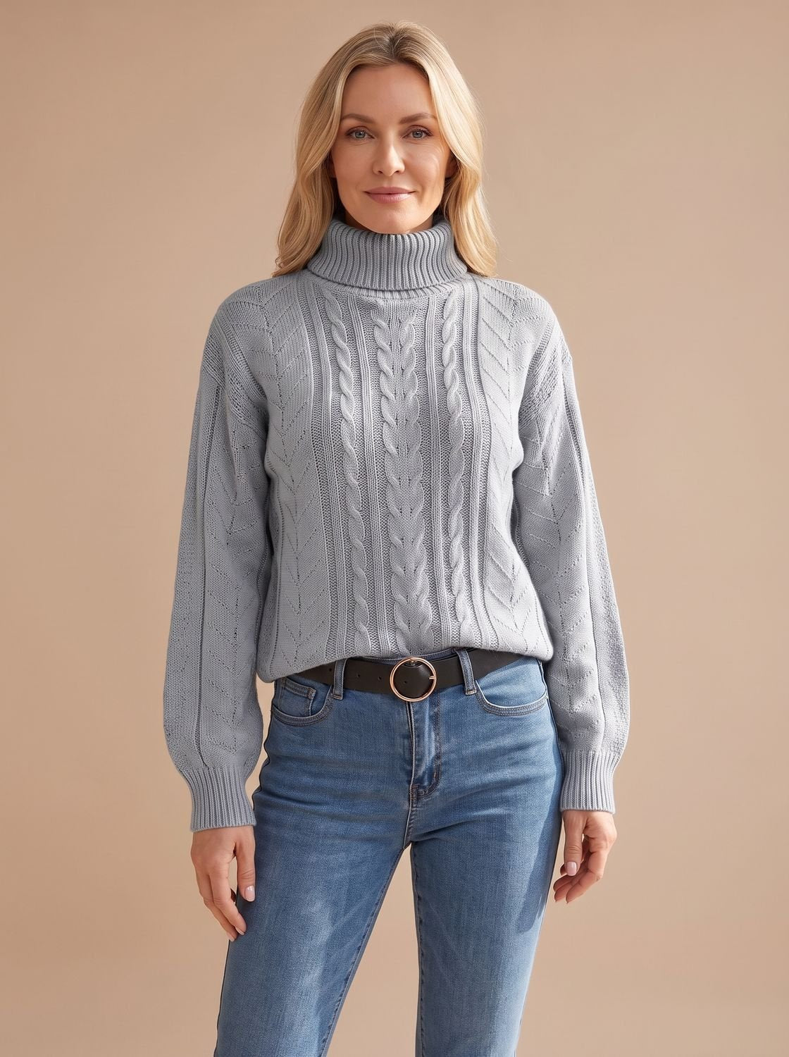 Zopfmuster-Pullover Damen mit Rollkragen und Ballonärmeln