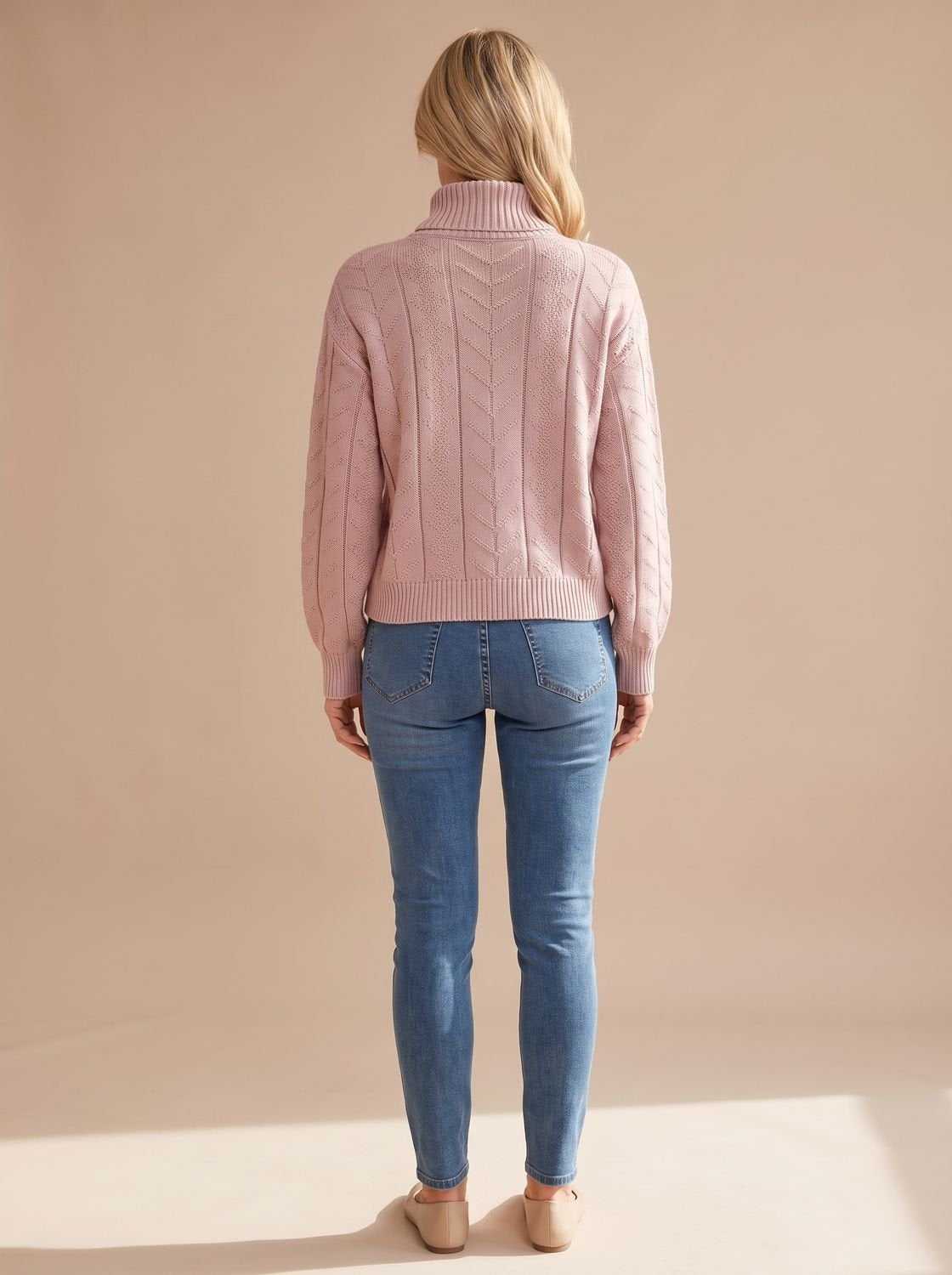 Zopfmuster-Pullover Damen mit Rollkragen und Ballonärmeln