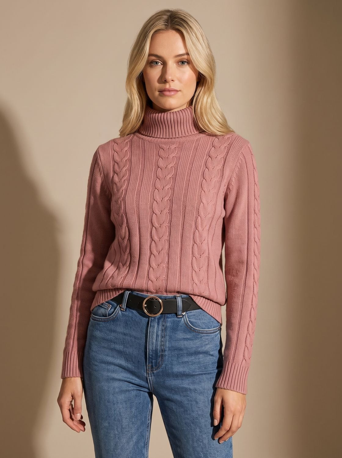 Zopfmuster-Pullover Damen mit Rollkragen und Ballonärmeln