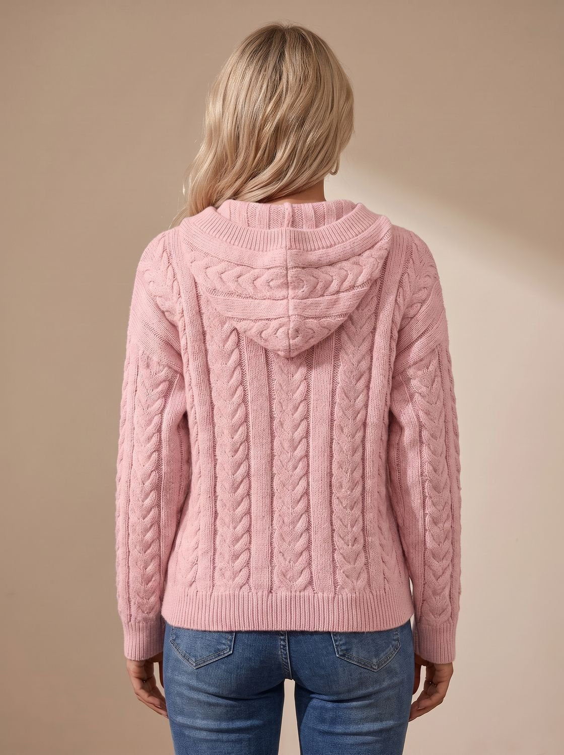 Zopfmuster-Pullover Damen Oversize mit Kapuze und Knopfleiste