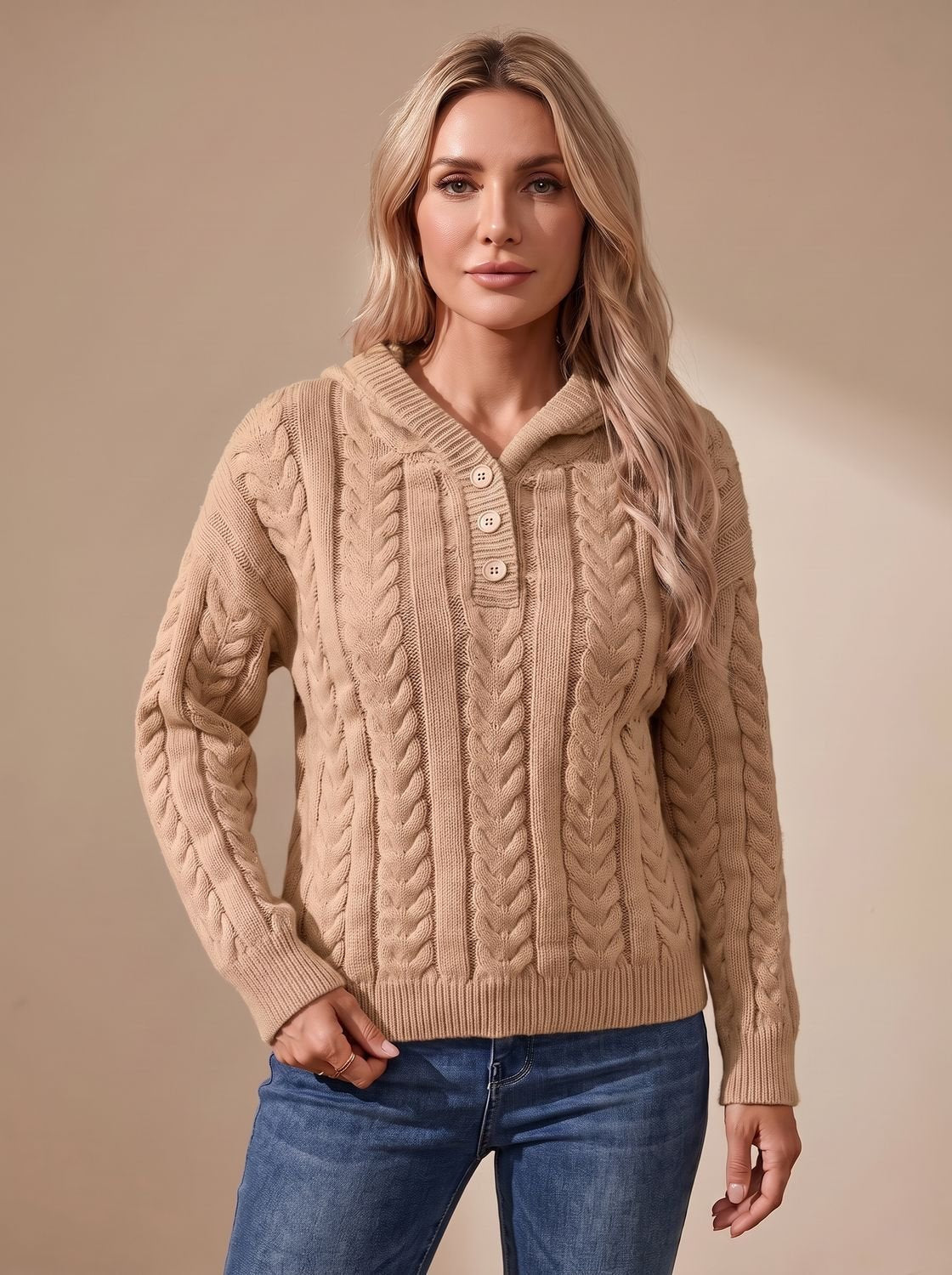 Zopfmuster-Pullover Damen Oversize mit Kapuze und Knopfleiste