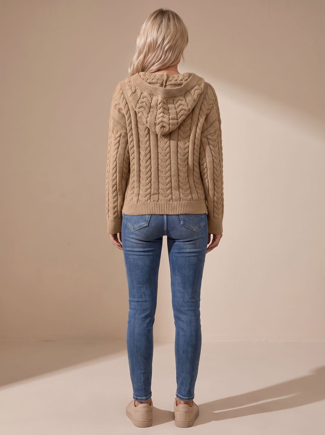 Zopfmuster-Pullover Damen Oversize mit Kapuze und Knopfleiste
