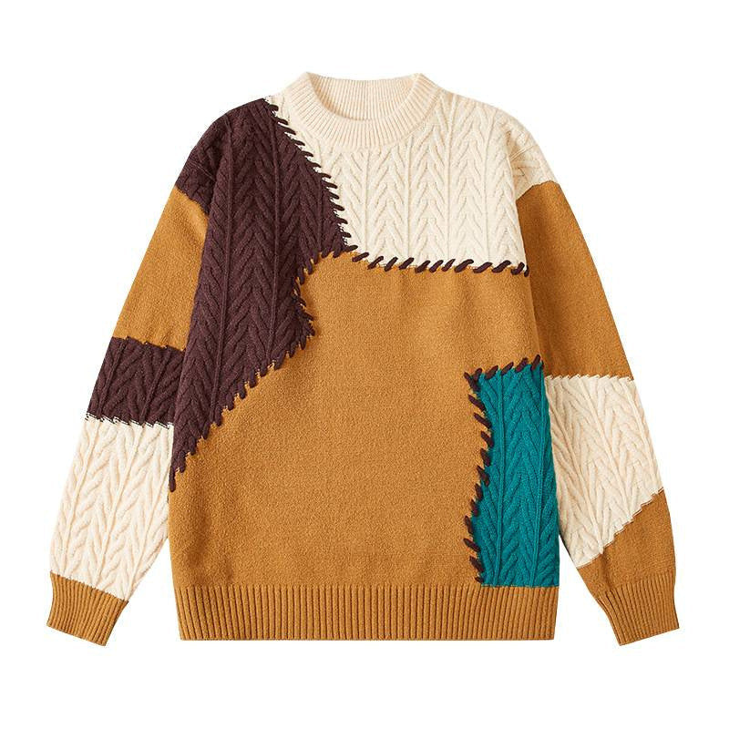 Zopfmuster Pullover mit Patchwork und Rundhals für Herren in Kaffeebraun mit Kamelbraun - Ansicht 5