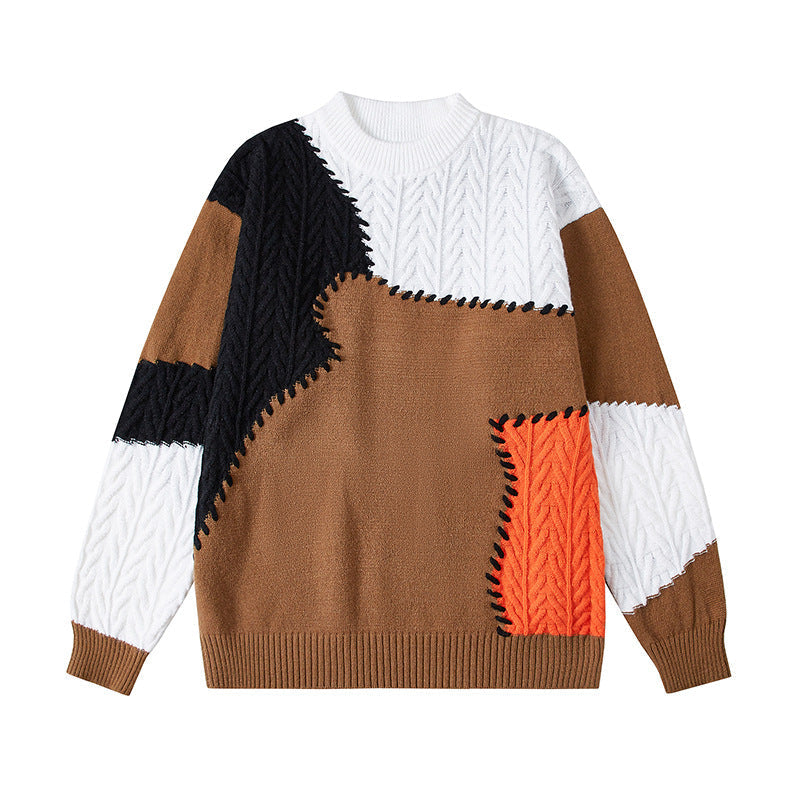 Zopfmuster Pullover mit Patchwork und Rundhals für Herren in Schwarz mit Kamelbraun - Ansicht 6
