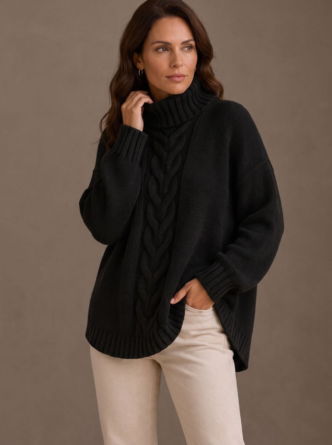 Zopfmuster-Rollkragenpullover Damen Oversize mit Seitenschlitzen