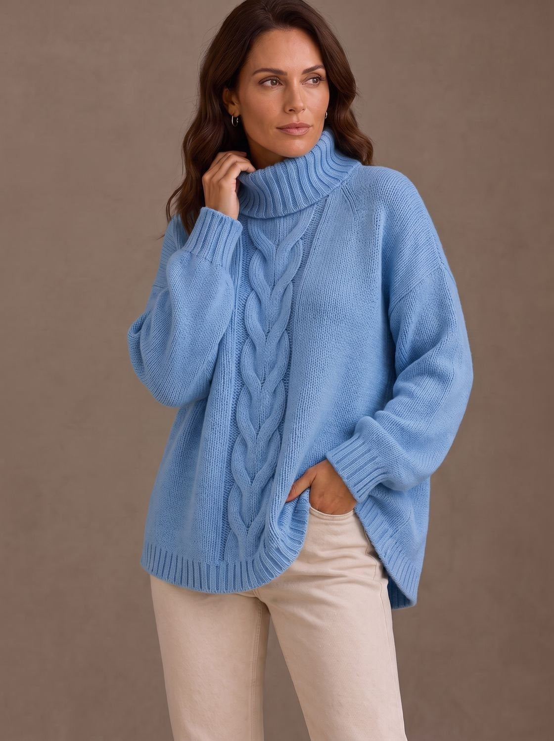 Zopfmuster-Rollkragenpullover Damen Oversize mit Seitenschlitzen