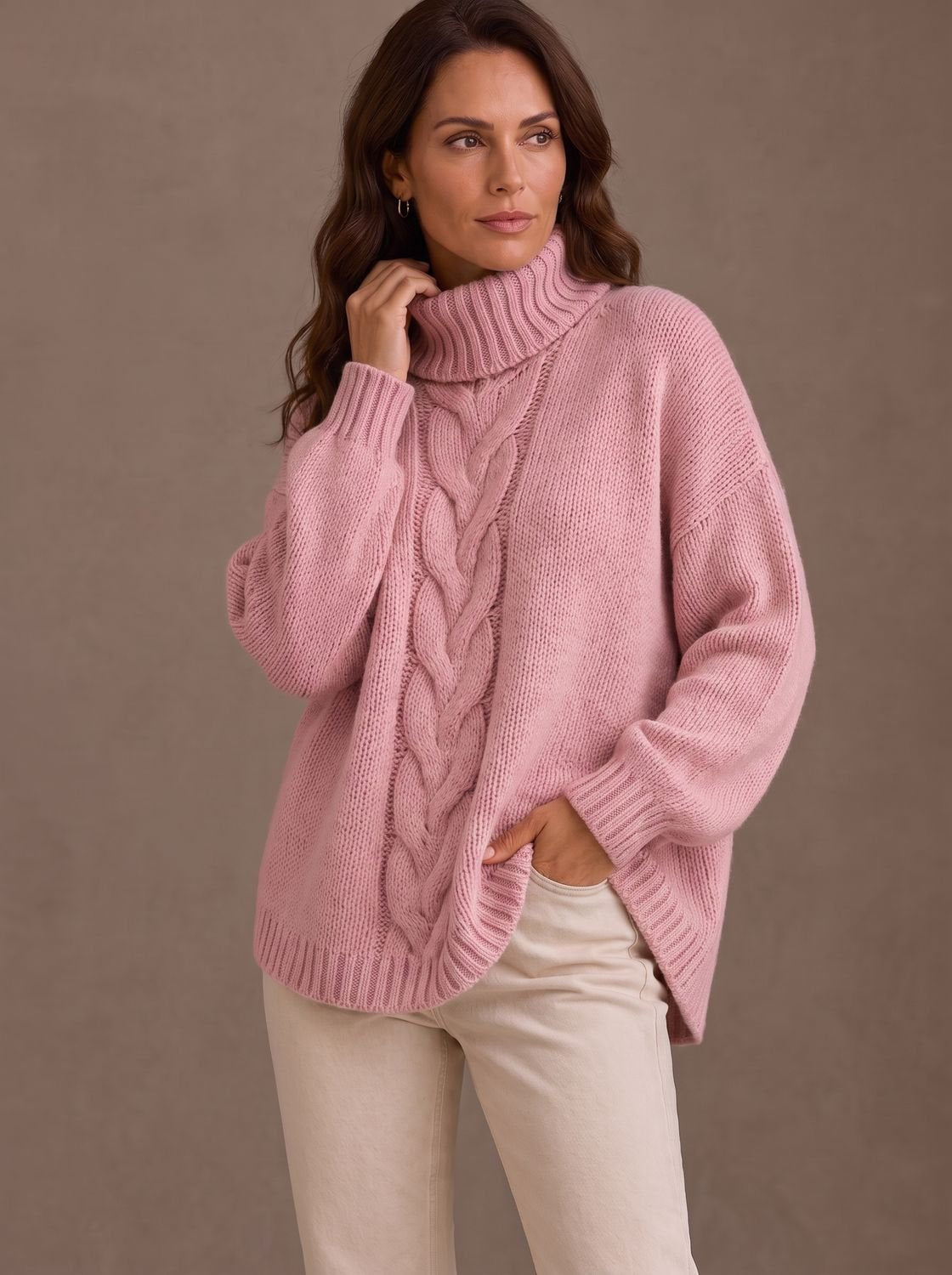 Zopfmuster-Rollkragenpullover Damen Oversize mit Seitenschlitzen