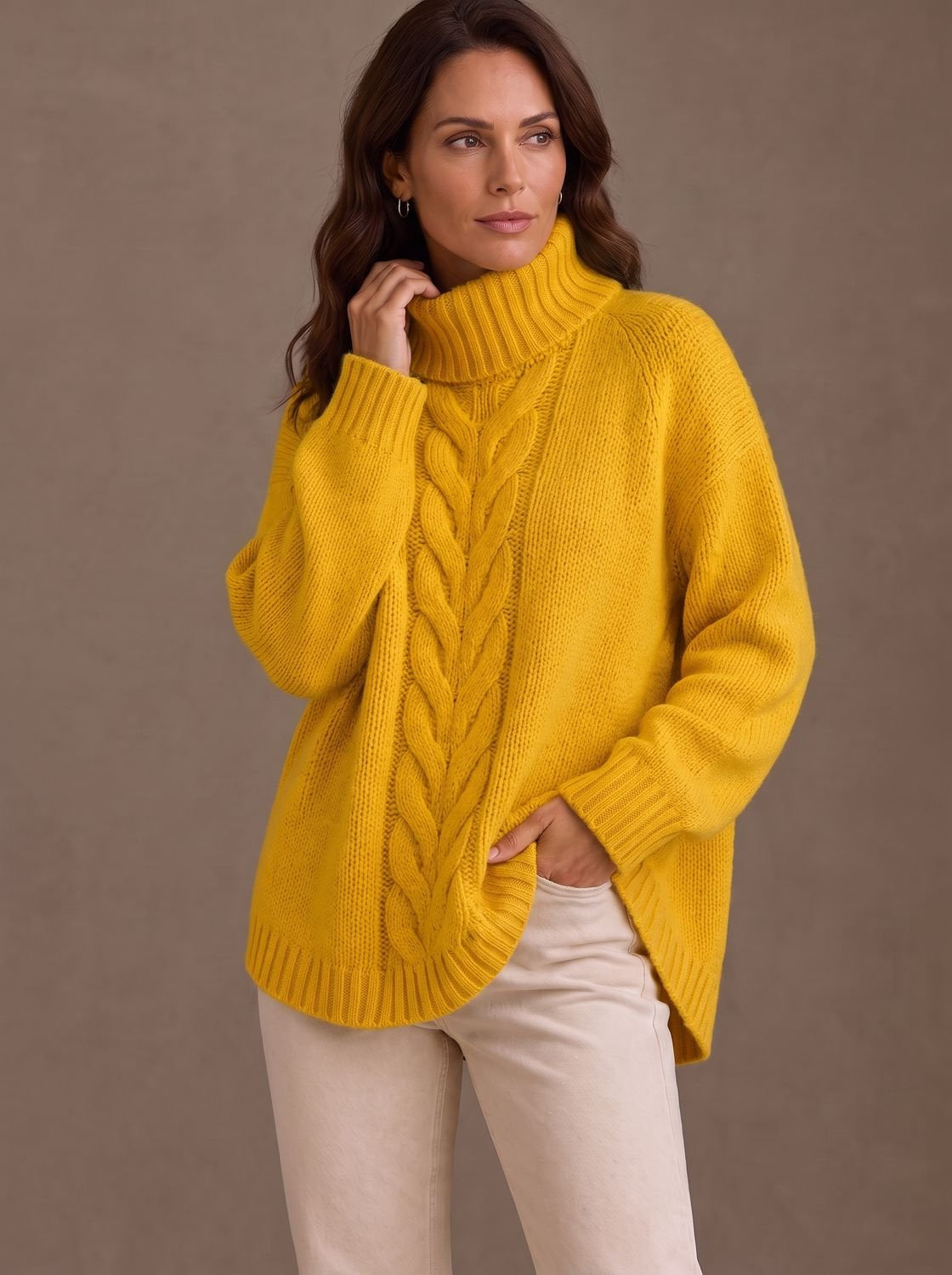 Zopfmuster-Rollkragenpullover Damen Oversize mit Seitenschlitzen
