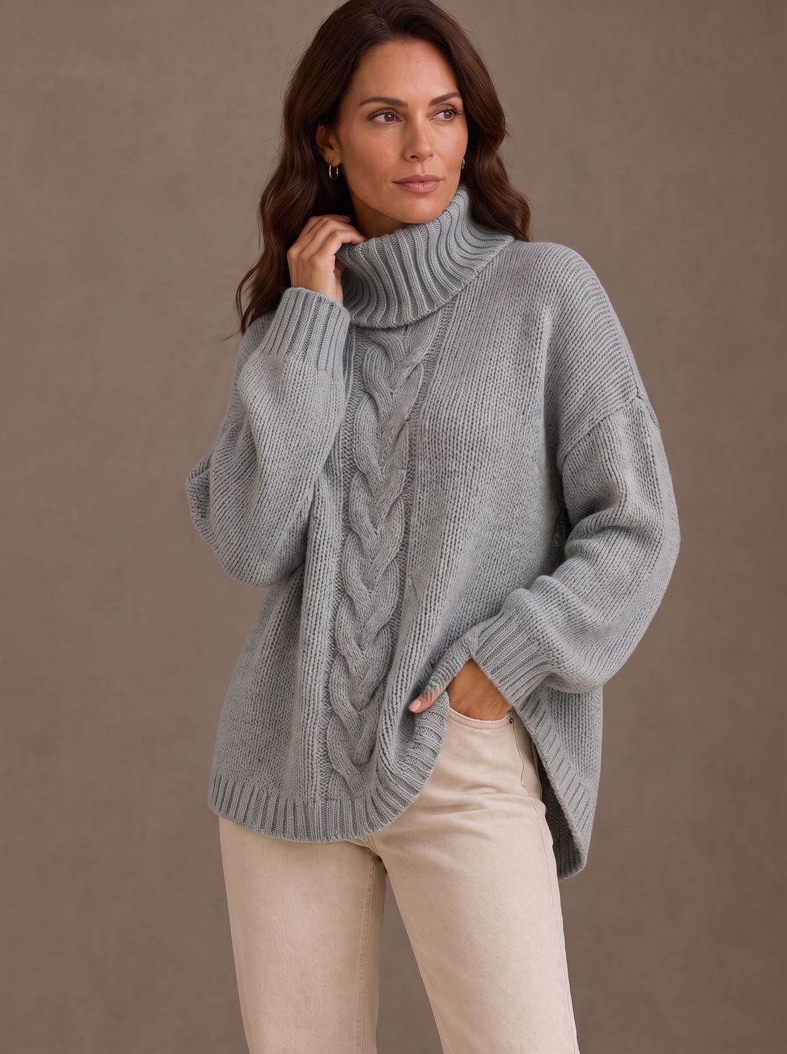 Zopfmuster-Rollkragenpullover Damen Oversize mit Seitenschlitzen