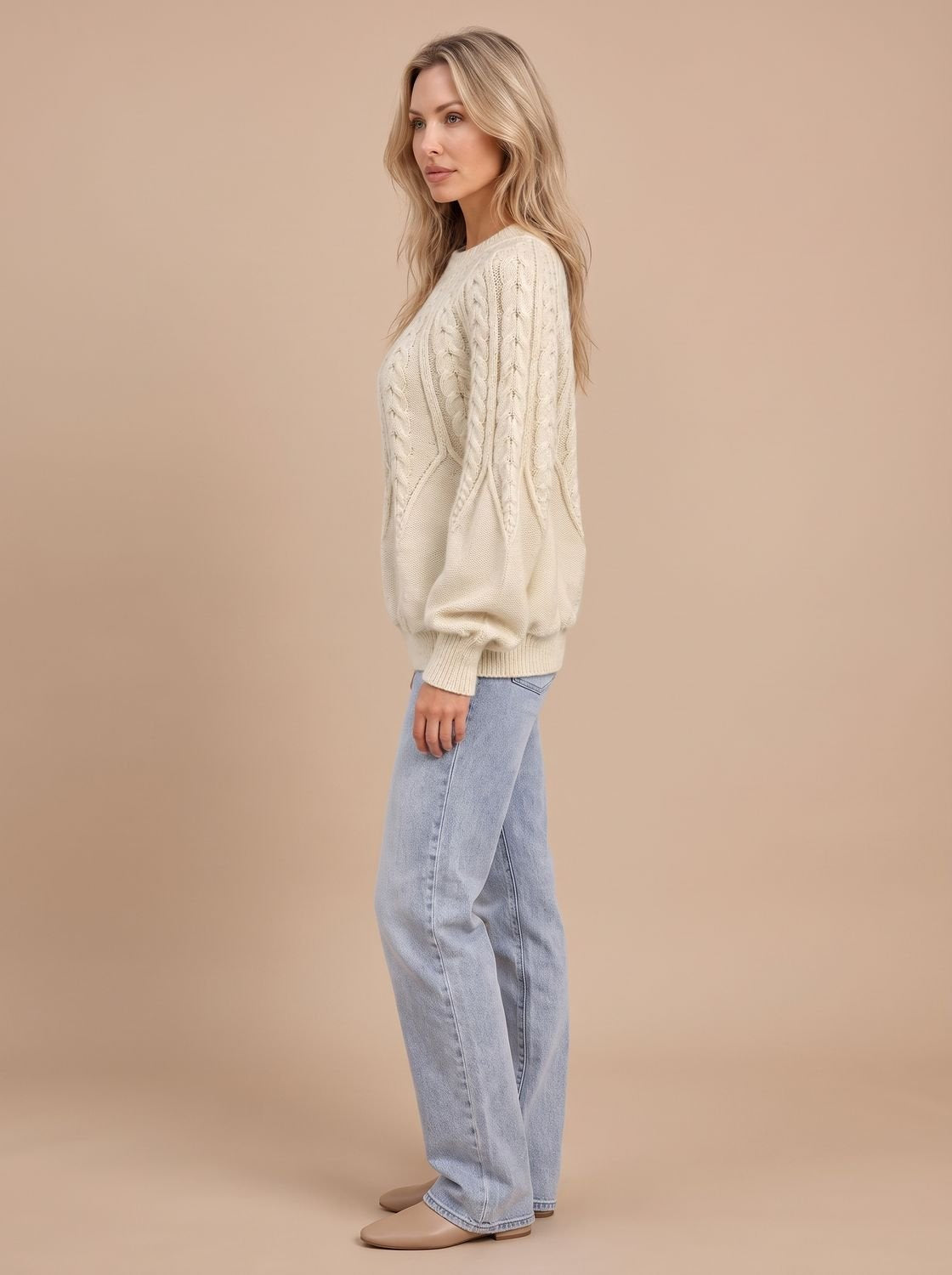 Zopfmuster-Strickpullover Damen Oversize mit Rundhals und Ballonärmeln