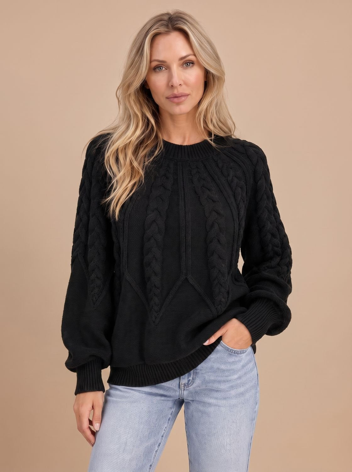 Zopfmuster-Strickpullover Damen Oversize mit Rundhals und Ballonärmeln