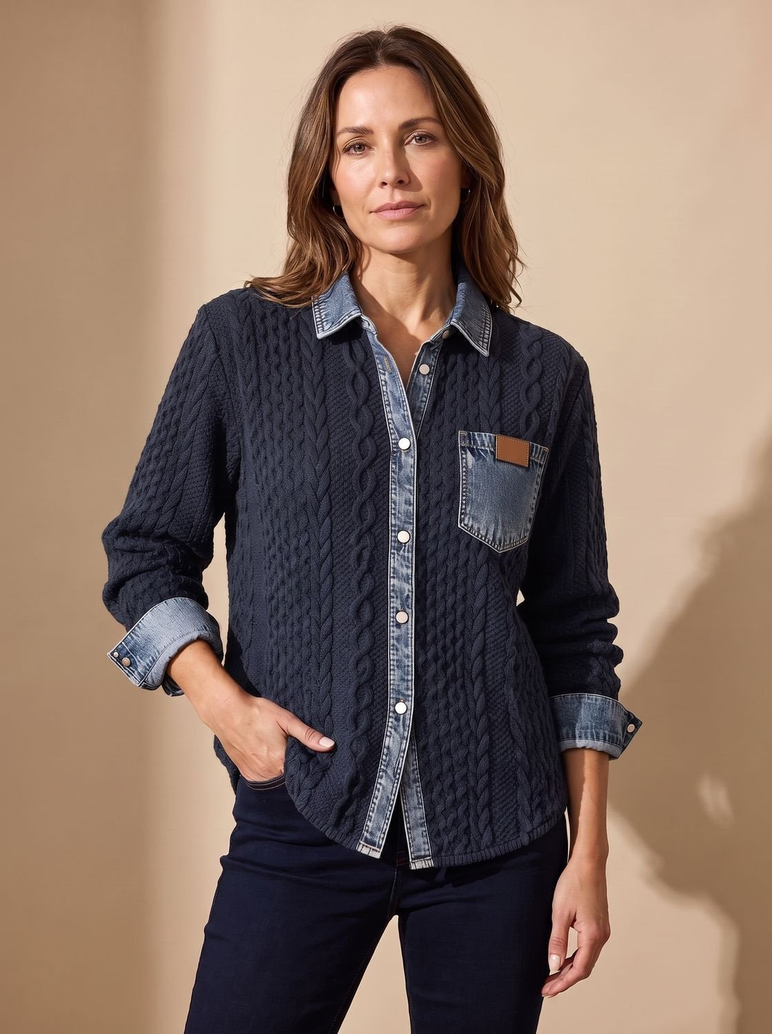 Zopfstrick-Overshirt Damen locker mit Jeanskragen und Knopfleiste