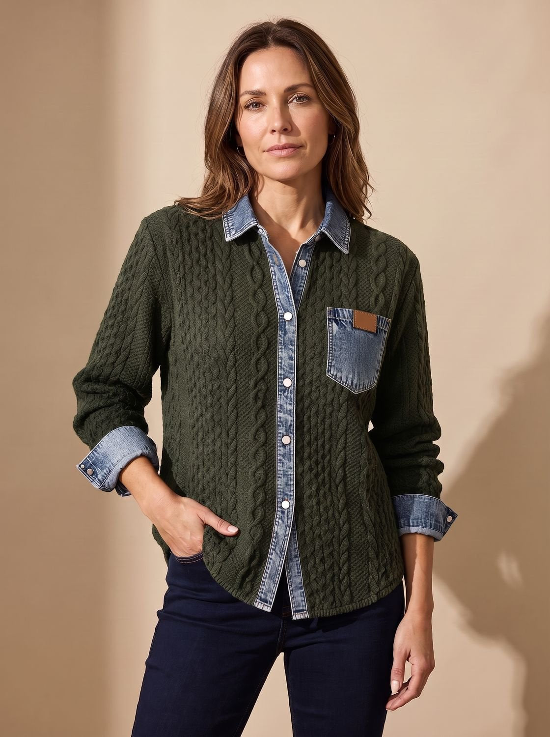 Zopfstrick-Overshirt Damen locker mit Jeanskragen und Knopfleiste