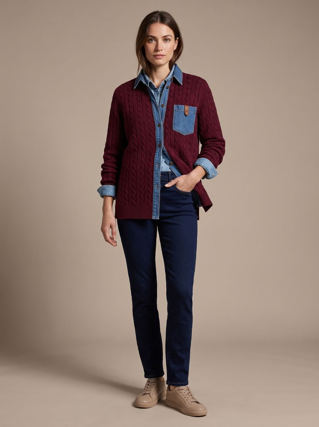 Zopfstrick-Overshirt Damen locker mit Jeanskragen und Knopfleiste